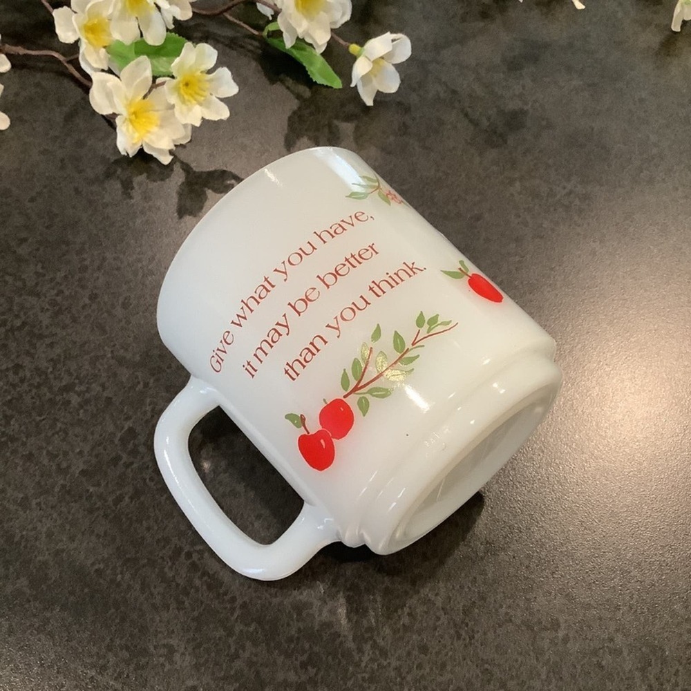 Vintage Glasbake Milk Glass Apples & Prairie Dress Giving Proverb Coffee Mug 80s - Picture 2 of 11
